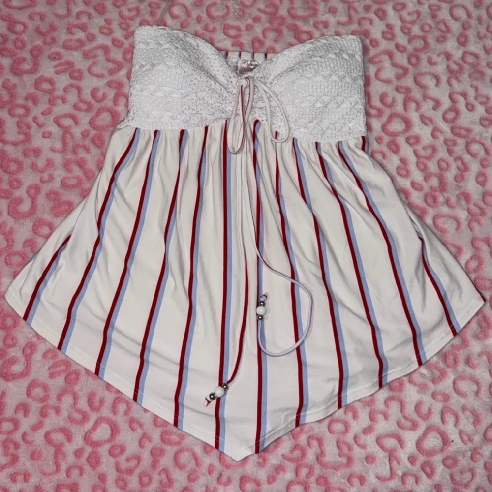 White Strapless Crochet Top with Red & Blue Stripes